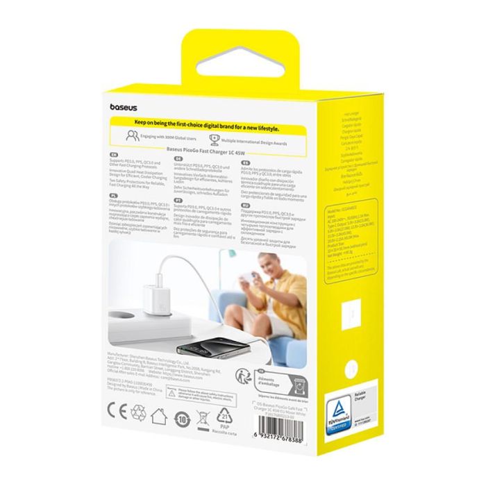 Baseus P10176800213-00 PicoGo GaN Cargador Rápido USB-C 45W Blanco - Tecnología GaN, USB Power Delivery 3.0, Fuente de Alimentación