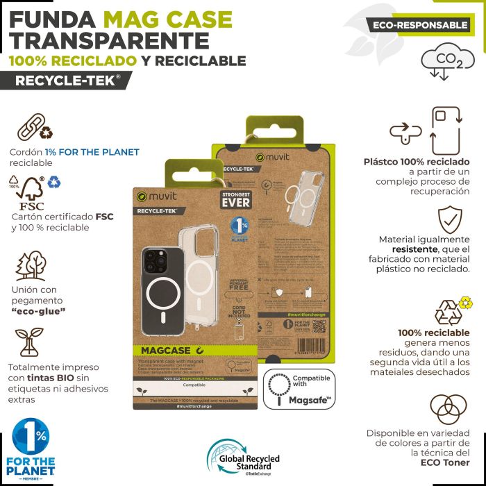 Muvit Funda Recycletek Magsafe para iPhone 15, material reciclado y reciclable 1 Muvit Funda Recycletek Magsafe para iPhone 15, material reciclado y reciclable 1