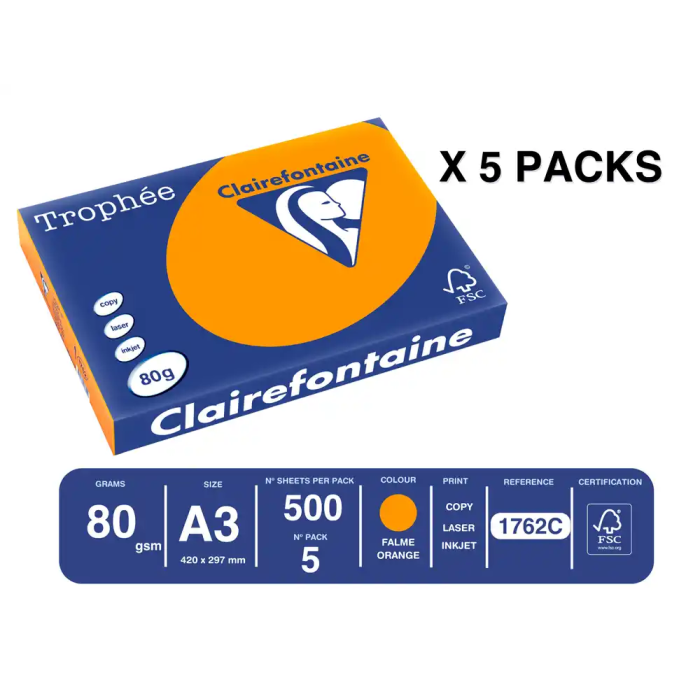 Trophee Papel Color A3 80gr Naranja Intenso Paquete 500 Hojas para Ink-jet, Láser y Fotocopiadoras 1