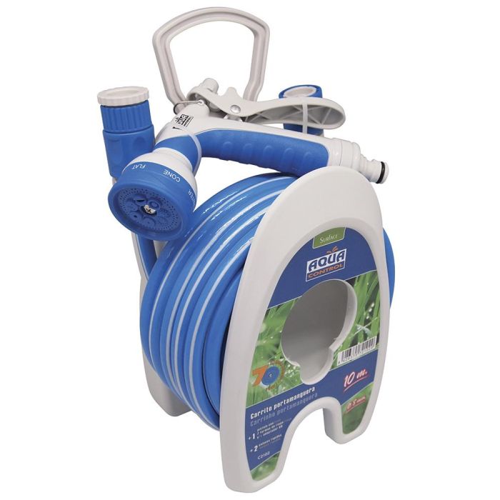 Aqua Control Carrito Portamanguera Especial Terrazas 10m PVC con Pistola 7 Formas Riego, 2 Conectores y Adaptador 1