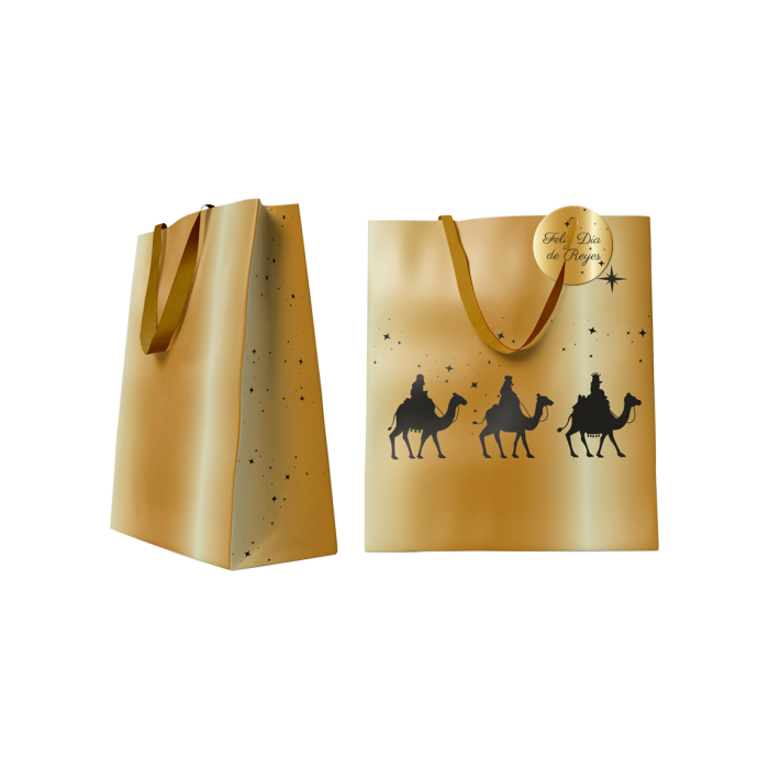 Bismark 333672 Bolsa de Regalo Reyes Magos Papel Dorado con Tarjeta Colgante y Asas de Lazo 26x12x37 cm
