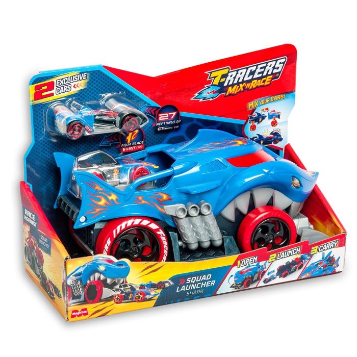 T-Racers Camión Lanzador Shark Squad PTRSP114IN80 con 2 Coches Exclusivos y Sistema Mix N'Race 4