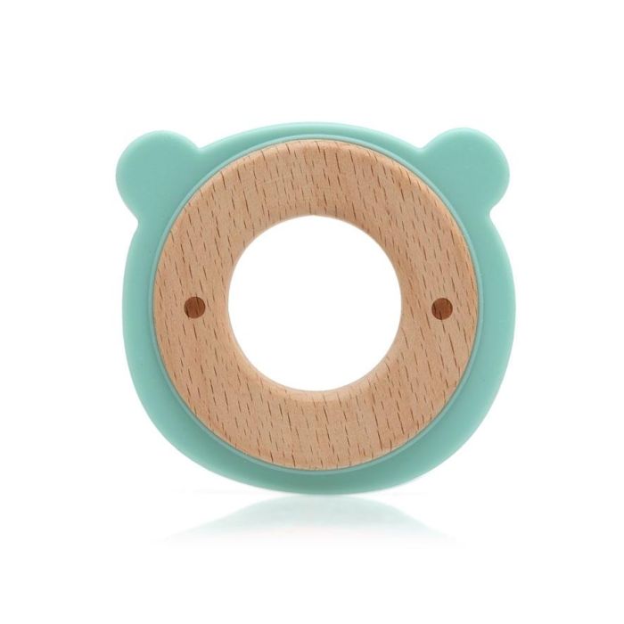 KioKids Mordedor de Madera y Silicona Suave con Diseño de Osito Verde para Bebés +3 Meses - Alivia Molestias de la Dentición, Colección Ecofriendly 2