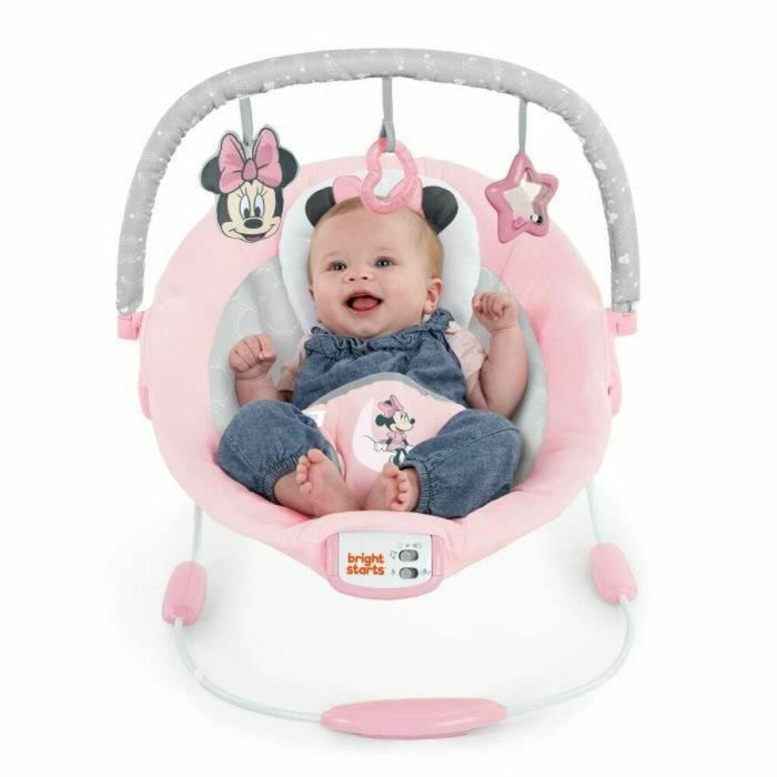 Bright Starts Tumbona Vibratoria para Bebé Disney Minnie Mouse Rosy Skies | Asiento Ultrasuave con Orejas y Lazo para Niña 3