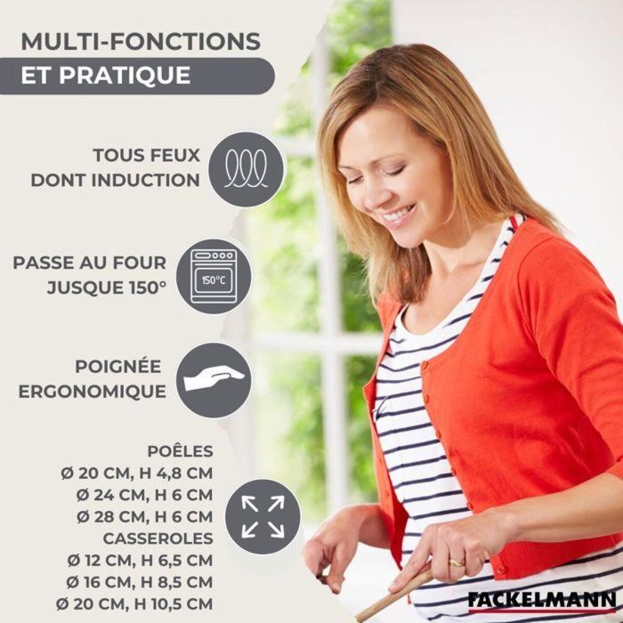 Fackelmann AABBG41149 Batería de Cocina Ginebra de Acero Inoxidable - 3 Sartenes, 3 Cacerolas, 6 Utensilios - Compatible con Todas las Placas, Inducción 4