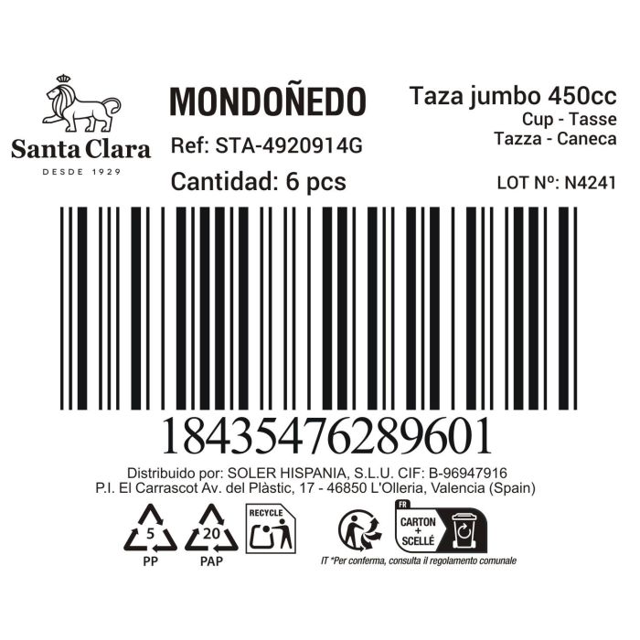 Inde Taza Jumbo Mondoñedo 450 ml Gris, Ø 11.7 x 7.7 cm, 318 g (6 Unidades)