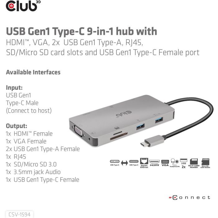 Club3D USB-C 9in1-HUB >HDMI/VGA/2xUSB/USB-C/RJ45/SD PD100W 14 Club3D USB-C 9in1-HUB >HDMI/VGA/2xUSB/USB-C/RJ45/SD PD100W 14