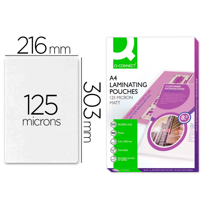 Q-connect Bolsa de Plastificar DIN A4 Mate Sin Reflejos 303 x 216 mm 125 mc Caja de 100 Unidades 0 Q-connect Bolsa de Plastificar DIN A4 Mate Sin Reflejos 303 x 216 mm 125 mc Caja de 100 Unidades 0