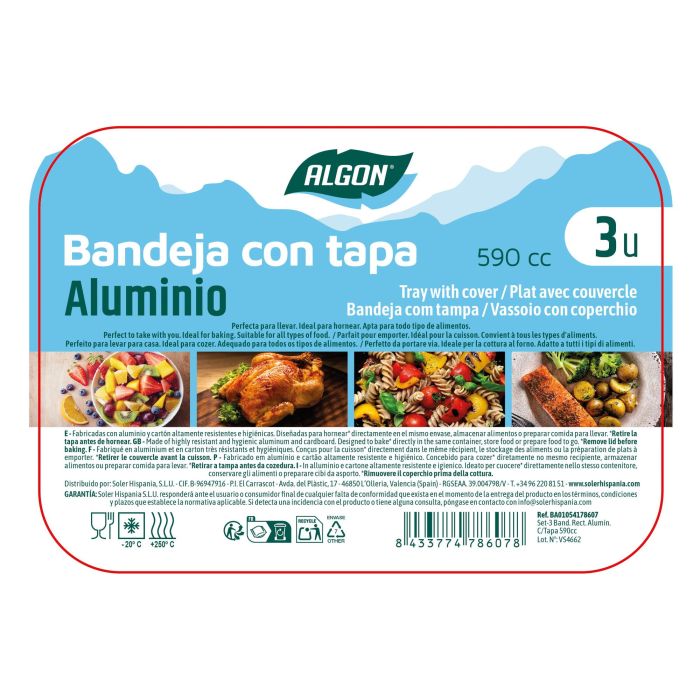Set de 3 bandejas rectangulares de aluminio con tapa 590cc Algon - Inde (12 Unidades) 8 Set de 3 bandejas rectangulares de aluminio con tapa 590cc Algon - Inde (12 Unidades) 8
