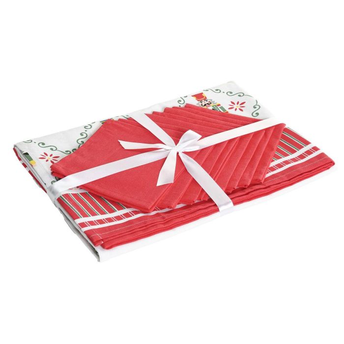DKD Home Decor Mantel de Mesa para Navidad Moderno con Diseño Cascanueces, Poliéster, 250x150 cm, Rojo y Verde, Set 9 Piezas, 8 Servicios