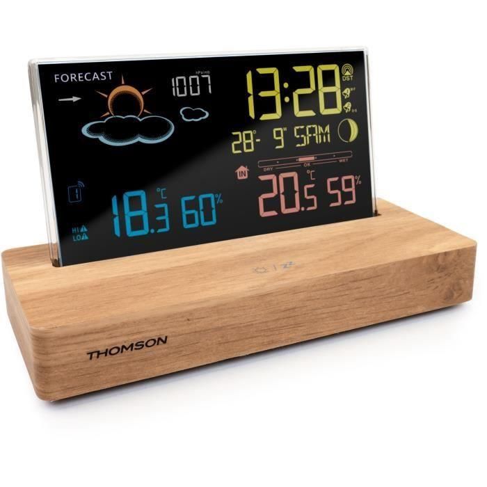 Reloj despertador estación meteorológica - THOMSON - Madera oscura - Visualizador de temperatura, Higrometría, Alarma dual, USB-C, Sonda inalámbrica 1