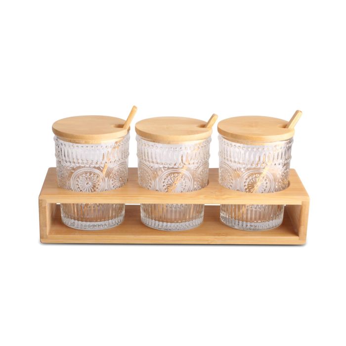 DKD Home Decor Azucarero Basicos Set de 3 piezas 300ml de Cristal y Bambú Transparente y Natural 10x28x13.5 cm