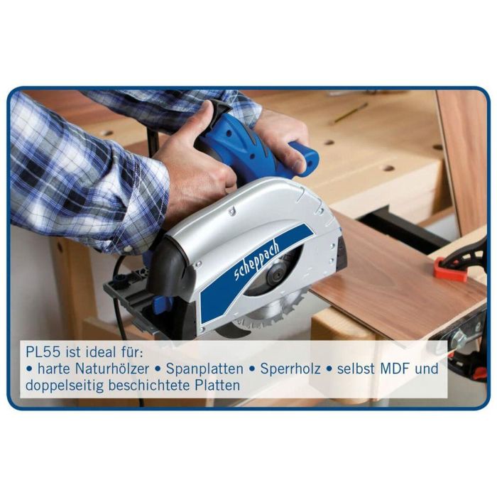 Scheppach PL55 Sierra de Inmersión 1200W, altura de corte 55mm, disco Ø160mm 24 dientes, incluye 2 rieles 700mm, conector y antivuelco 4