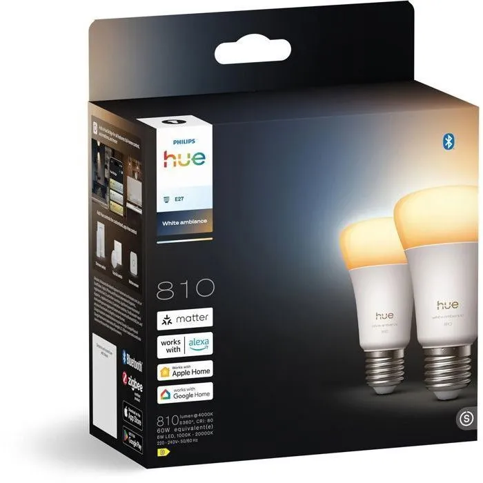 Philips Hue Pack de 2 Bombillas LED A60 Conectadas, E27, 6W, Luz Blanca Ajustable 1000-2000K, 810 Lúmenes, AABUO37088
