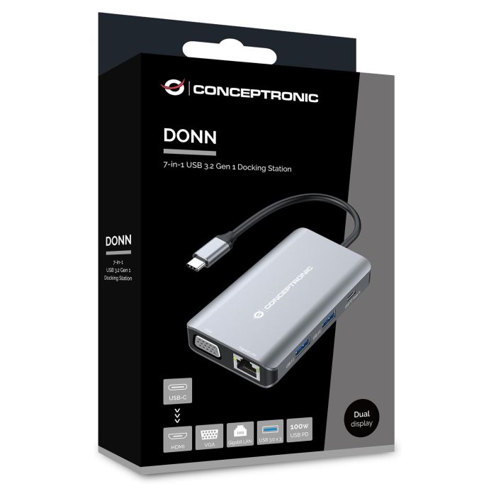 Conceptronic DONN21G Docking Station 7 en 1 USB-C a HDMI 4K, VGA, LAN GbE, USB 3.0 x3, PD 100W, Gris 3