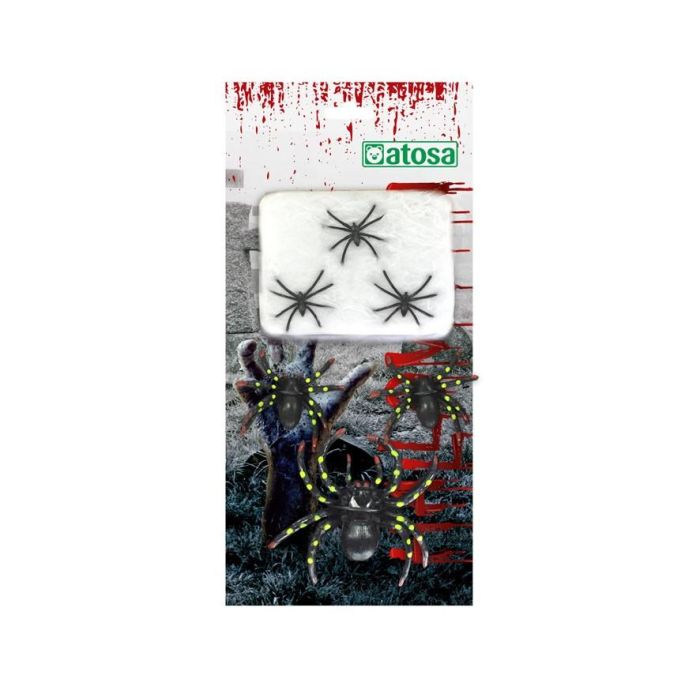 Pack Decoración Halloween: Telaraña y 3 Arañas Negras. Kit de Decoración para Fiestas, Crea Ambiente Fantasmagórico, Negro, para Colgar