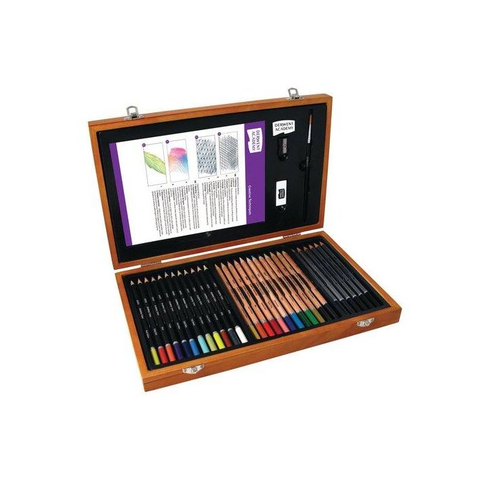 Derwent Estuche de Pintura Academy de Madera con 35 Piezas: Lápices de Colores, Grafito y Acuarelables, Accesorios para Dibujo y Esbozo