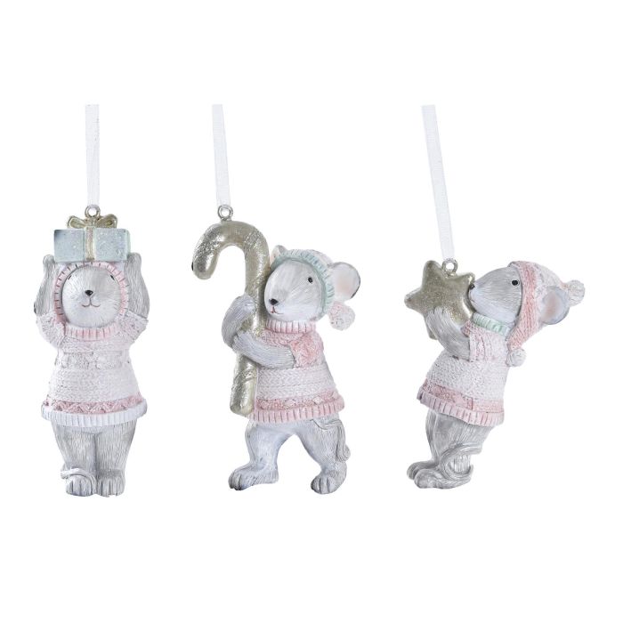 DKD Home Decor Figuritas Decorativas de Navidad Fantasia de Resina Gris y Rosa, 3 x 8.5 x 5 cm - Pack de 3 Unidades Surtido Aleatorio
