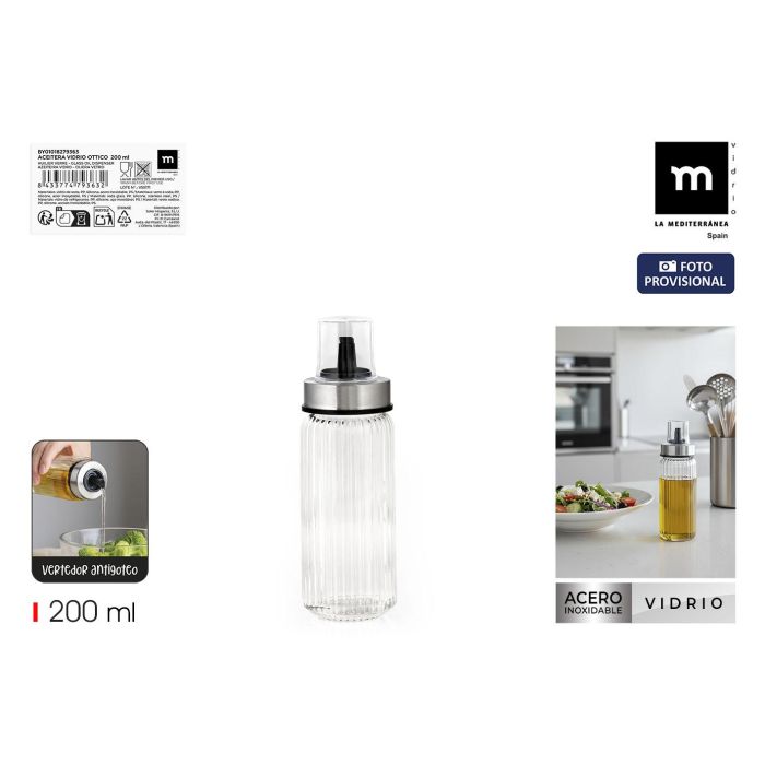 La Mediterranea Aceitera Vidrio Ottico 200ml 5.5x5.5x17cm 0 La Mediterranea Aceitera Vidrio Ottico 200ml 5.5x5.5x17cm 0