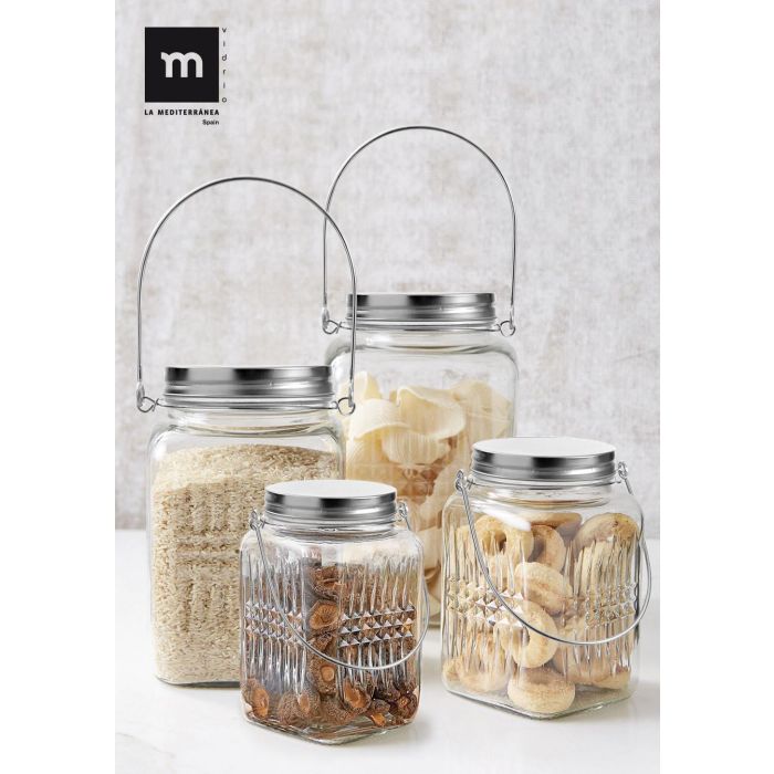 La Mediterranea Tarro de Vidrio con Tapa de Acero y Asa, 1000 ml (1L), 10.5 x 16 x 10.5 cm (12 Unidades)