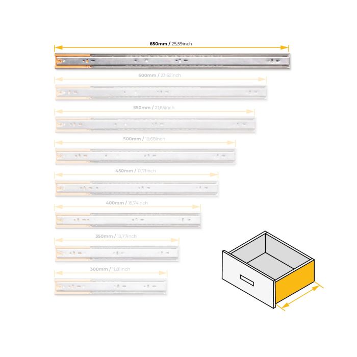 Emuca Lote de 5 juegos de guías para cajones, de bolas, altura 45mm, profundidad 650mm, extracción total, cierre suave, Cincado 8 Emuca Lote de 5 juegos de guías para cajones, de bolas, altura 45mm, profundidad 650mm, extracción total, cierre suave, Cincado 8