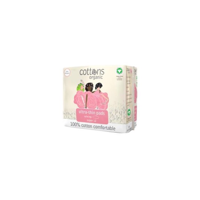 COTTONS Compresa Super Ultrafina con Alas 12 Uds. de Algodón Orgánico, Hipoalergénica para Flujo Abundante