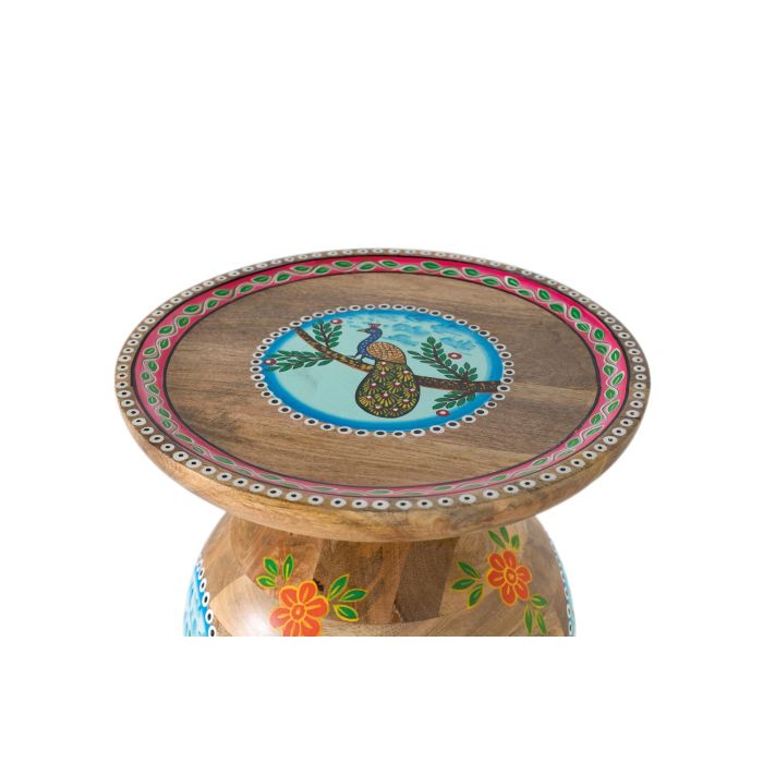 GINER Y COLOMER Mesa Auxiliar Redonda de Madera de Mango Pintada a Mano Estilo Étnico 2 GINER Y COLOMER Mesa Auxiliar Redonda de Madera de Mango Pintada a Mano Estilo Étnico 2