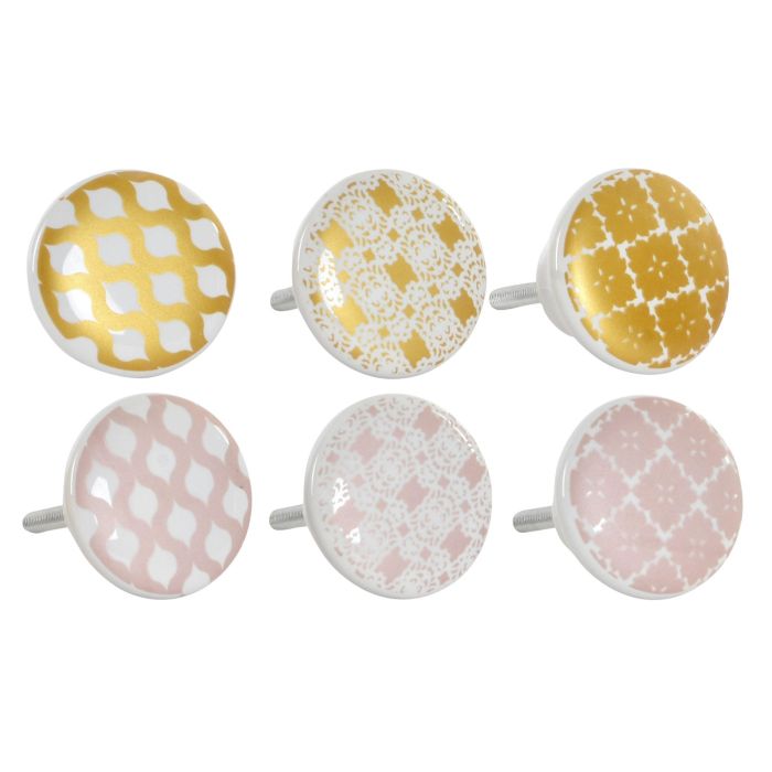 DKD Home Decor Pomo Tirador Árabe Decorativo Hecho a Mano Rosa Dorado de Gres y Metal 4x2.5x4cm (24 Unidades)