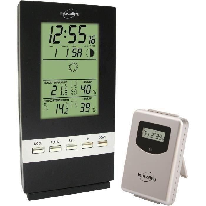 Inovalley SM300 Estación Meteorológica Inalámbrica Negra con Temp. y Humedad Interior/Exterior, Previsión, Fase Lunar, Reloj y Alarma Inovalley SM300 Estación Meteorológica Inalámbrica Negra con Temp. y Humedad Interior/Exterior, Previsión, Fase Lunar, Reloj y Alarma