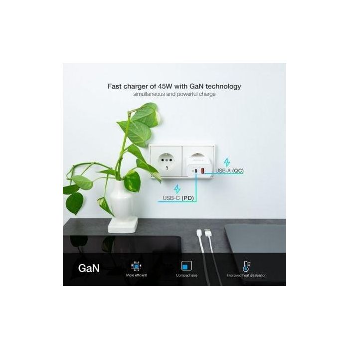 TooQ Cargador de Pared GaN USB-C/PD + USB-A/QC 45W Blanco TQWC-GANQCPD45WT 2 TooQ Cargador de Pared GaN USB-C/PD + USB-A/QC 45W Blanco TQWC-GANQCPD45WT 2
