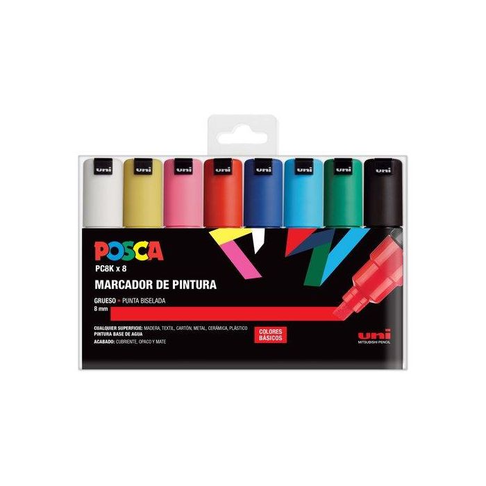 POSCA Marcador PC-8K-8C No Permanente Punta Biselada 8.0 mm, Tinta Base Agua, Colores Surtidos, Estuche 8U
