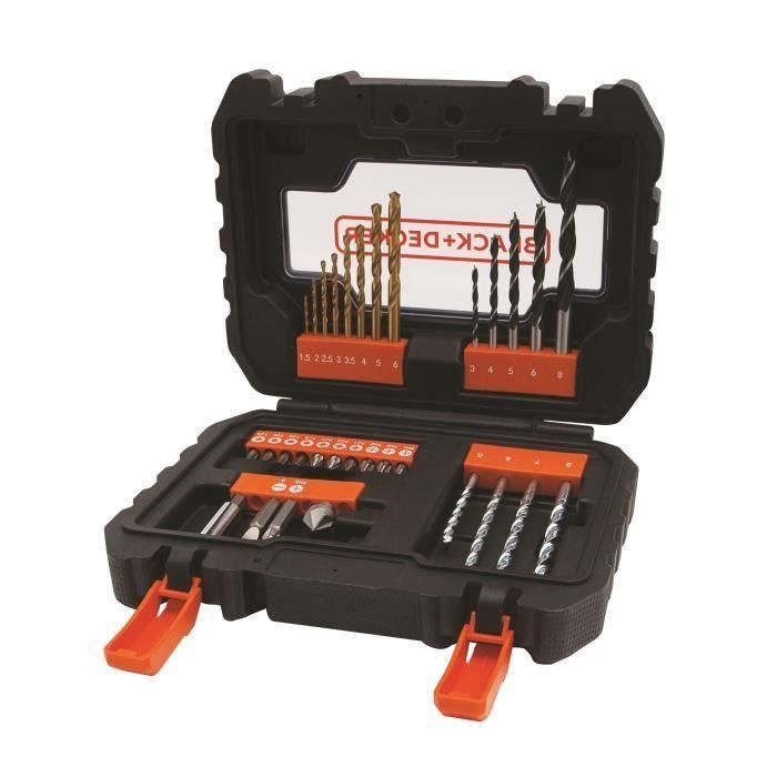 BLACK+DECKER A7233 Caja 31 Accesorios para Taladrar y Atornillar: Brocas Madera, Hormigón, HSS-TiN; Puntas Destornillador