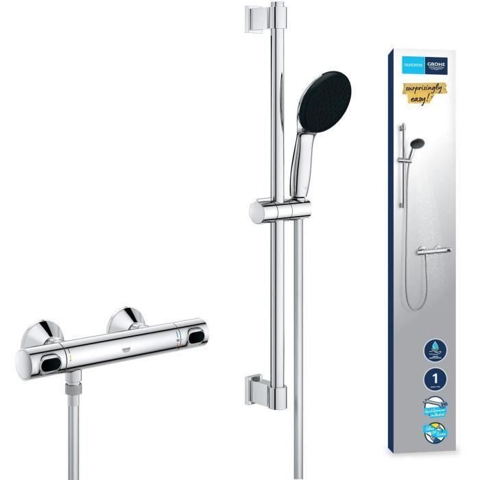 Conjunto de ducha con mezclador termostático, rociador de 1 chorro, barra de 60 cm y flexo - GROHE 34800001 - Ahorro de agua - Cromo