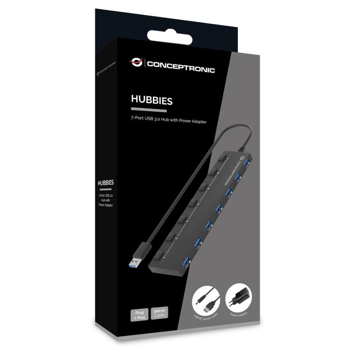 Conceptronic HUBBIES19BP Hub USB 3.2 Gen 1 de 7 Puertos con Alimentación Externa, Interruptores Individuales y Base Magnética - Negro