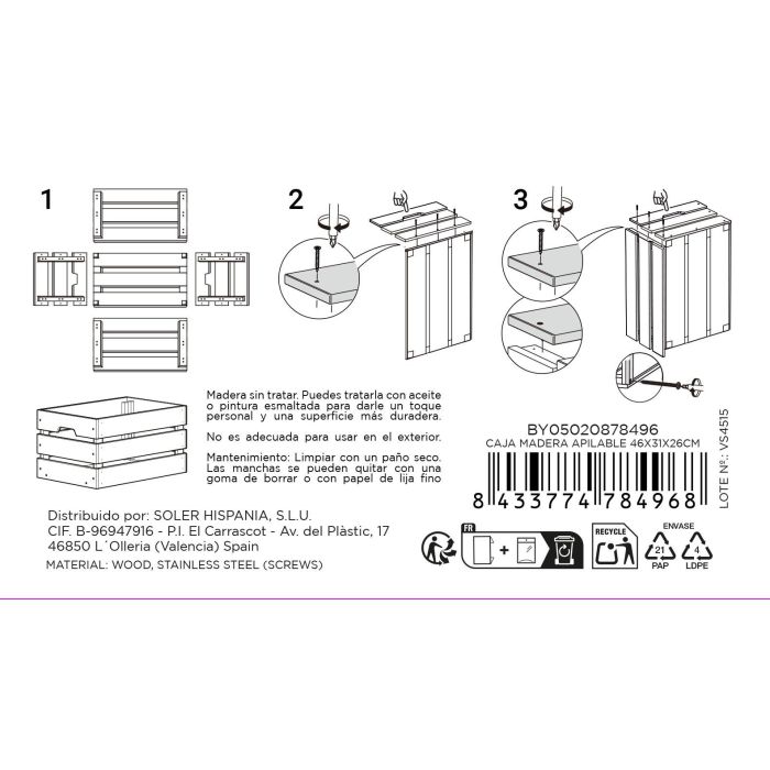 Confortime Caja Madera Apilable 46 cm x 31 cm x 25 cm (4 Unidades)