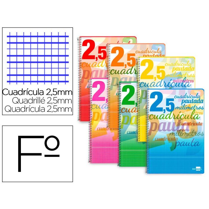 Cuaderno Espiral Liderpapel Folio Pautaguia Tapa Blanda 80H 75 gr Cuadro Pautado 2,5 mm Con Margen Colores Surtidos 8 unidades