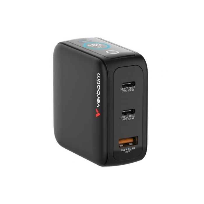 Verbatim Cargador Pared Universal GaN Mini 100W con Pantalla, 2x USB-C, 1x USB-A, PPS, QC 3.0, Viaje, 30239 1
