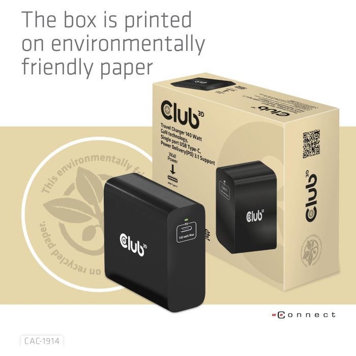 Club3D Cargador de Viaje 1xUSB Tipo C PD 140W con Tecnología GaN para Interiores, 28V, Cable 1m Negro 2 Club3D Cargador de Viaje 1xUSB Tipo C PD 140W con Tecnología GaN para Interiores, 28V, Cable 1m Negro 2