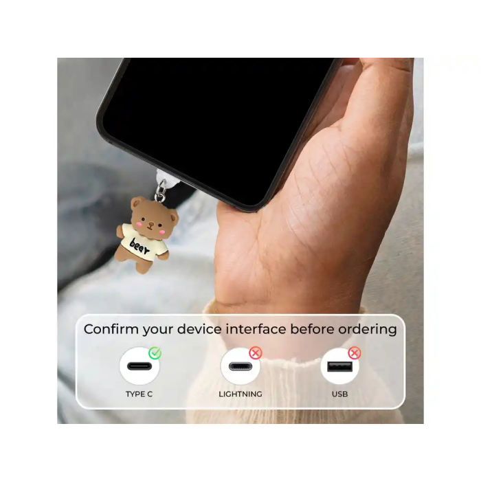 Wondee Protector Decorativo para Puerto USB C Tipo C con Charm Colgante de Oso, Evita Polvo y Suciedad, Para Smartphone, Modelo Funny Bear, 30x10x20 mm