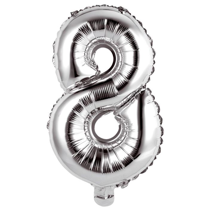 Party Time Globo Cifra 8 Plata 35 cm para Aniversarios y Cumpleaños - Reutilizable, Hinchable con Aire o Helio