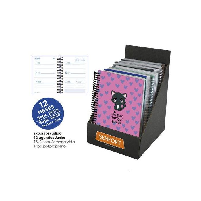 Agenda Escolar (2025-26) Senfort Junior Espiral Tapa Pvc 150X210 S/V Surtido Expositor De 12