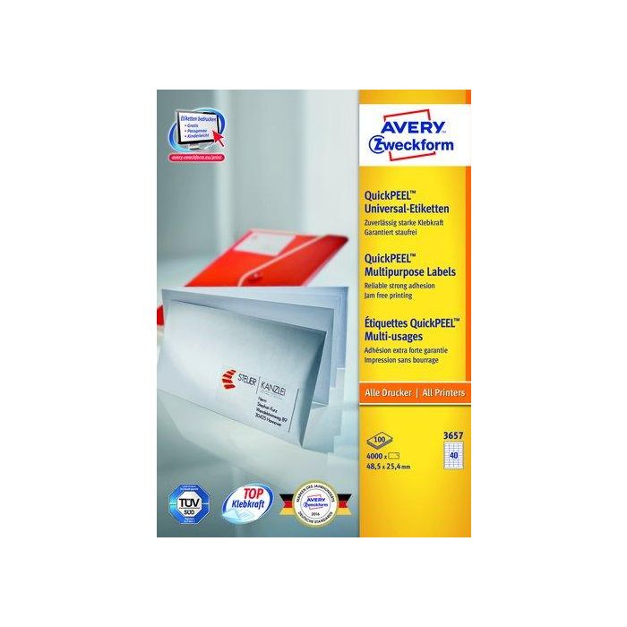 Etiquetas Adh.Impr.Avery A4 Blanca C.Rectos Caja 100H 48,5X25,4 Mm 4.000 Uds.(3657)