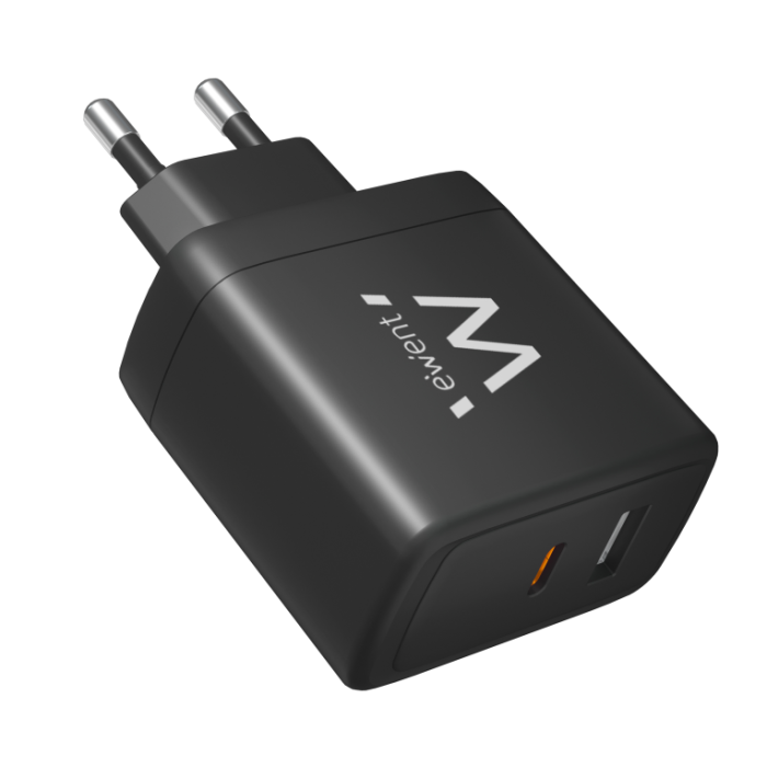 Ewent EW1330 Cargador 65W Dual USB-C PD & USB-A QC 3.0 GaN Fast Carga Rápida Simultánea Universal Móviles Portátiles Negro