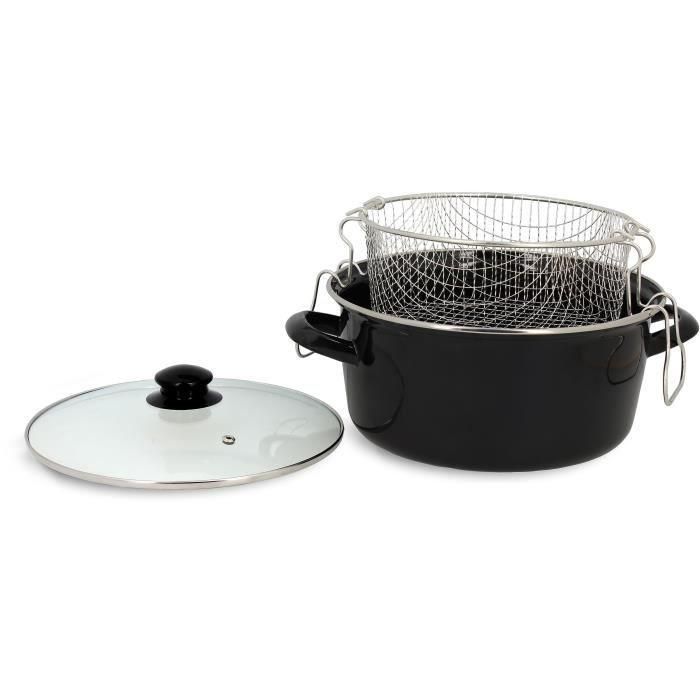THEKITCHENETTE 3645580 Freidora con tapa de cristal negro, 26cm, acero esmaltado, para inducción y todas las fuentes de calor, con canasta