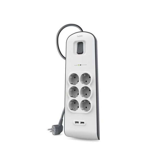 Belkin Regleta De Proteccion Contra Sobretensiones Con 6 Tomas + 2 Puertos Usb Botón De Apagado Y Encendido 2 Metros Blanco-Gris Belkin Regleta De Proteccion Contra Sobretensiones Con 6 Tomas + 2 Puertos Usb Botón De Apagado Y Encendido 2 Metros Blanco-Gris