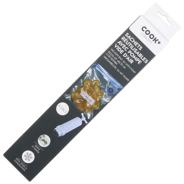 Cook Concept Juego de 4 Bolsas de Vacío con Bomba para Conservar Alimentos Frescos por Más Tiempo Reutilizables Ideales para Congelar 1