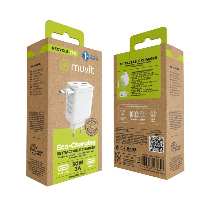 muvit for change cargador de pared Retráctil Tipo C PD 30W blanco 4