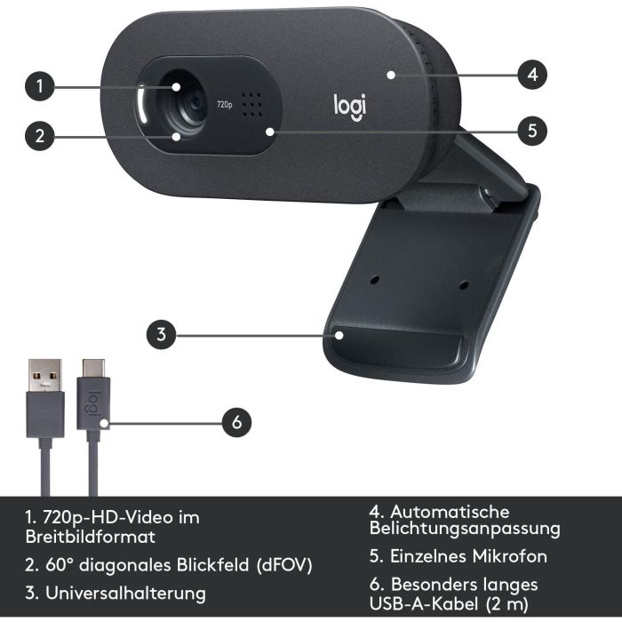 Logitech C505 Webcam HD 720p Micrófono Reducción Ruido, Corrección Luz Auto, Campo Visión 60°, Cable USB-A Largo 4 Logitech C505 Webcam HD 720p Micrófono Reducción Ruido, Corrección Luz Auto, Campo Visión 60°, Cable USB-A Largo 4