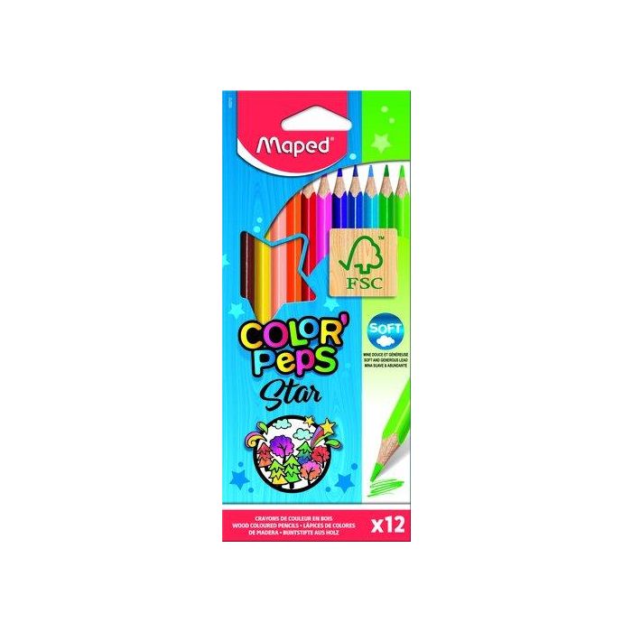 Maped Lápices De Colores Color'Peps Star Certificado FSC, Estuche 12 Unidades