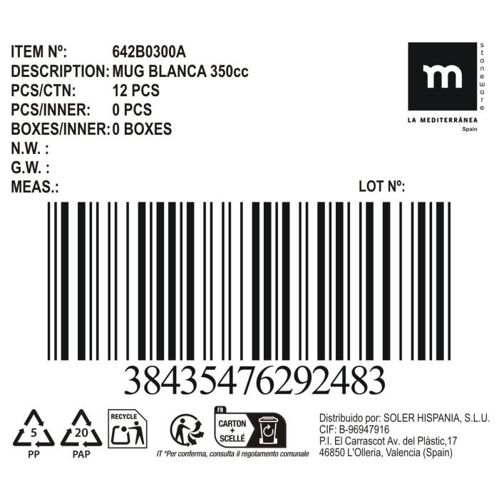 Inde Mug Blanca 350 cc Ø8,3x12x9,6cm (12 Unidades) 1